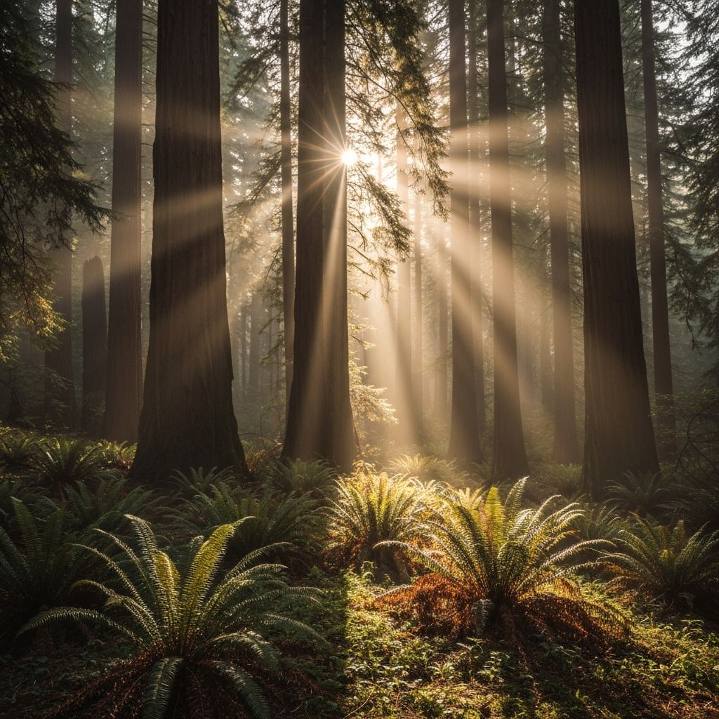 Morning light streaming through the redwood canopy